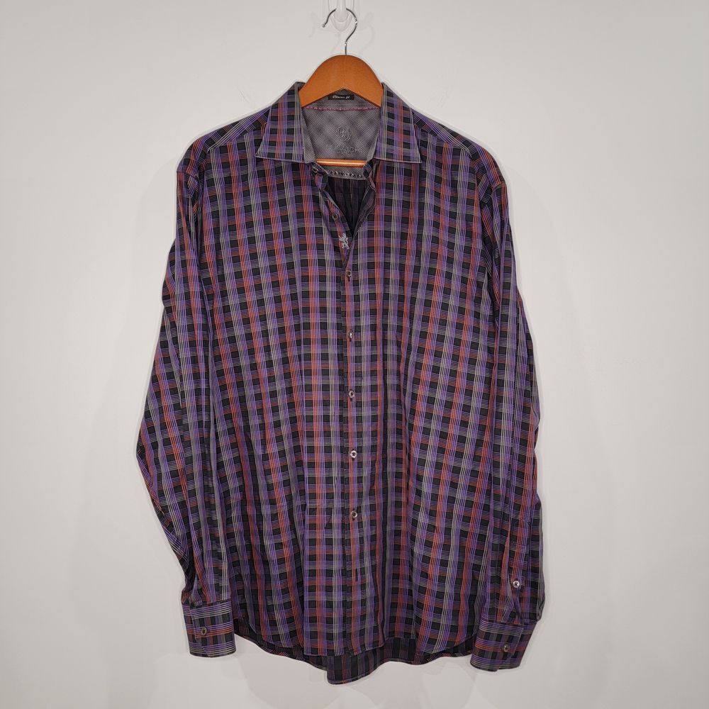 Bugatchi Uomo Classic Fit Plaid Check Button Up Shirt Purple Men's Size